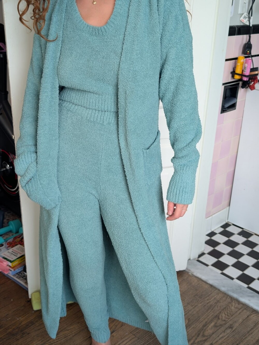Fashion Nova Mint Green Textured Knit Three Piece Halter Top Cardigan Pants Set